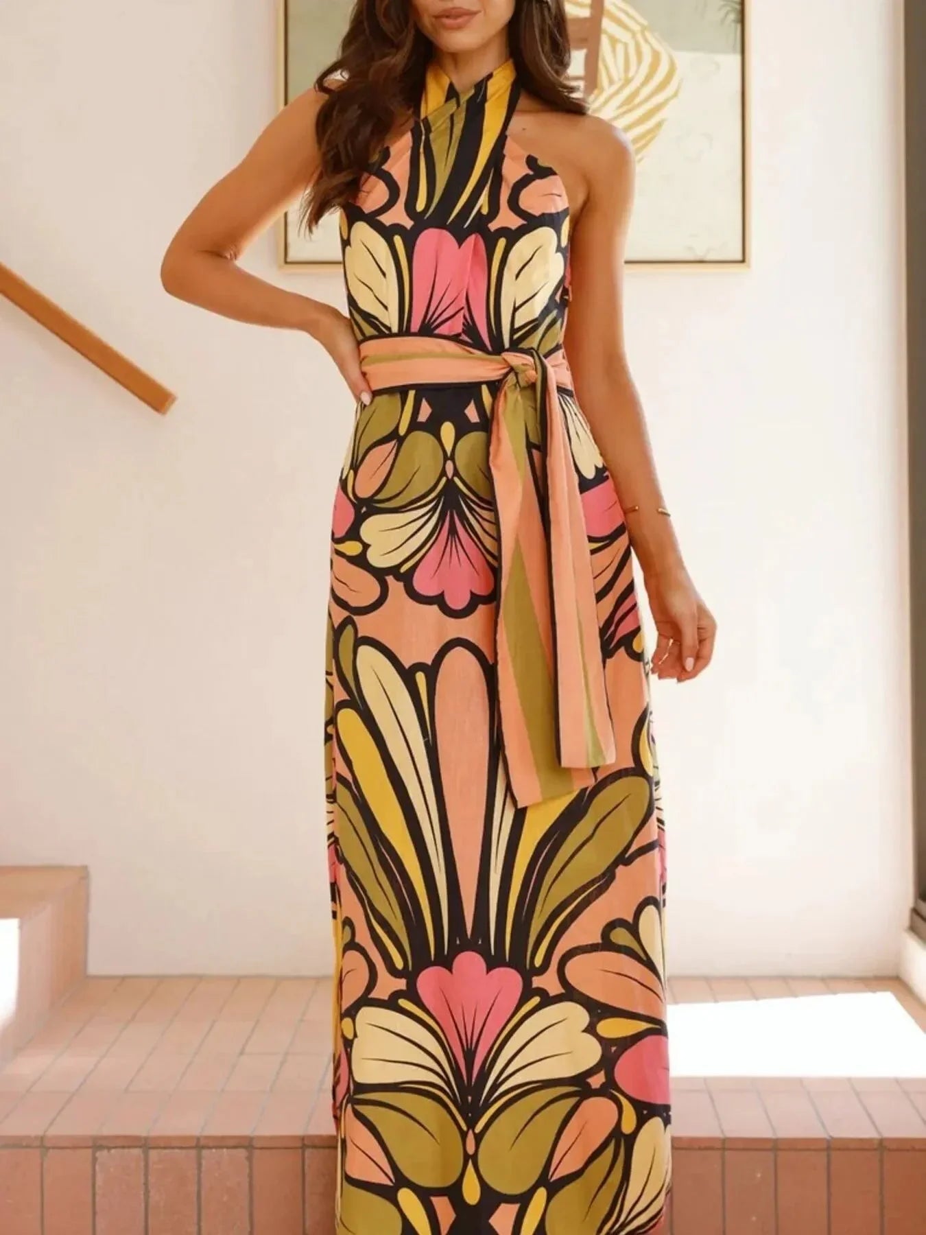 Printed Halter Neck Maxi Cami Dress - VILLA FASHION